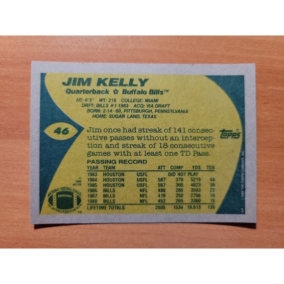 1989 Topps #46 Jim Kelly - Buffalo Bills - NFL - Fresh pull - Picture 2 of 2